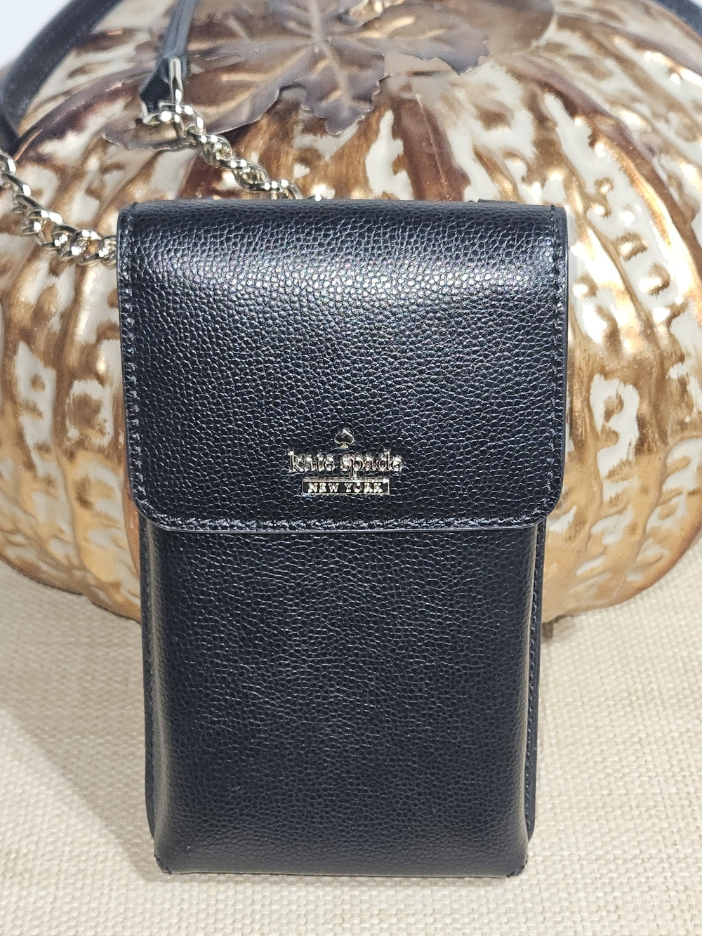 kate spade black pebbled leather crossbody phone pouch with gold-tone logo